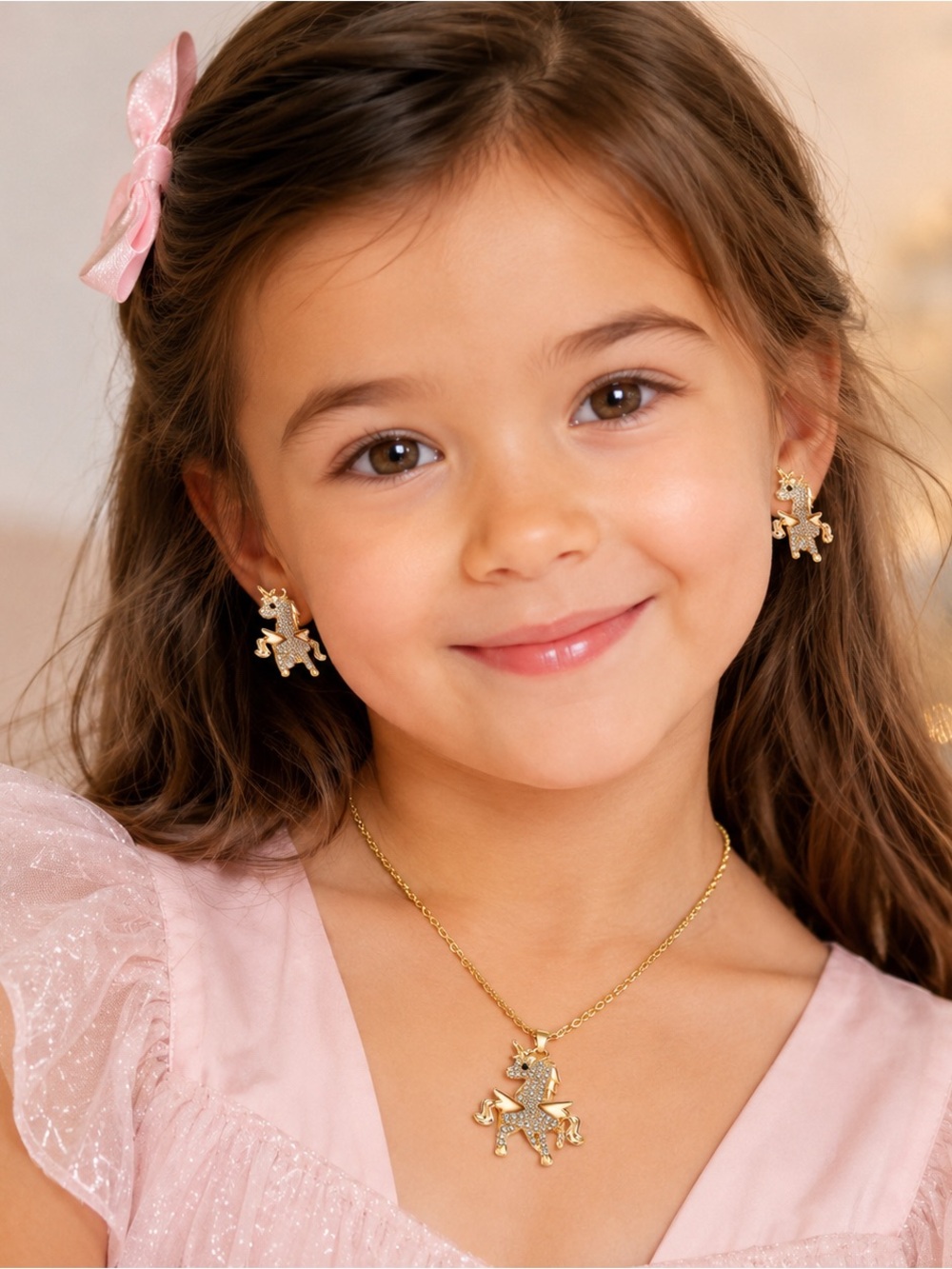 Gold Unicorn Necklace and Earring Set - Pink Accents